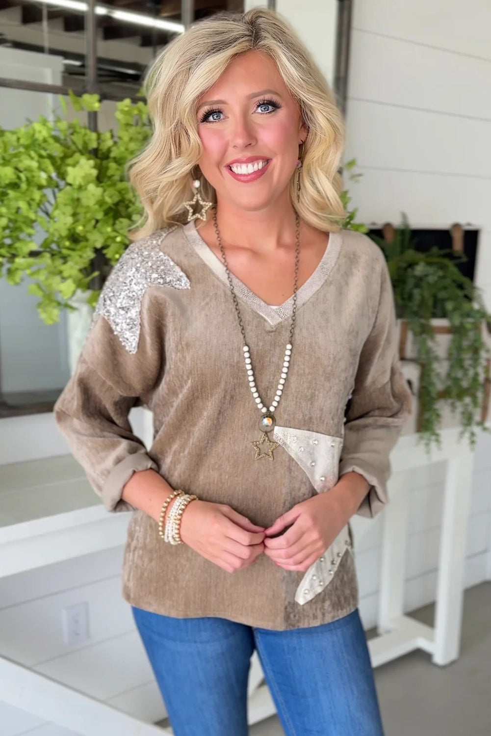 Parchment Sequin & Metallic Rhinestone Star Patches V Neck Long Sleeve Top