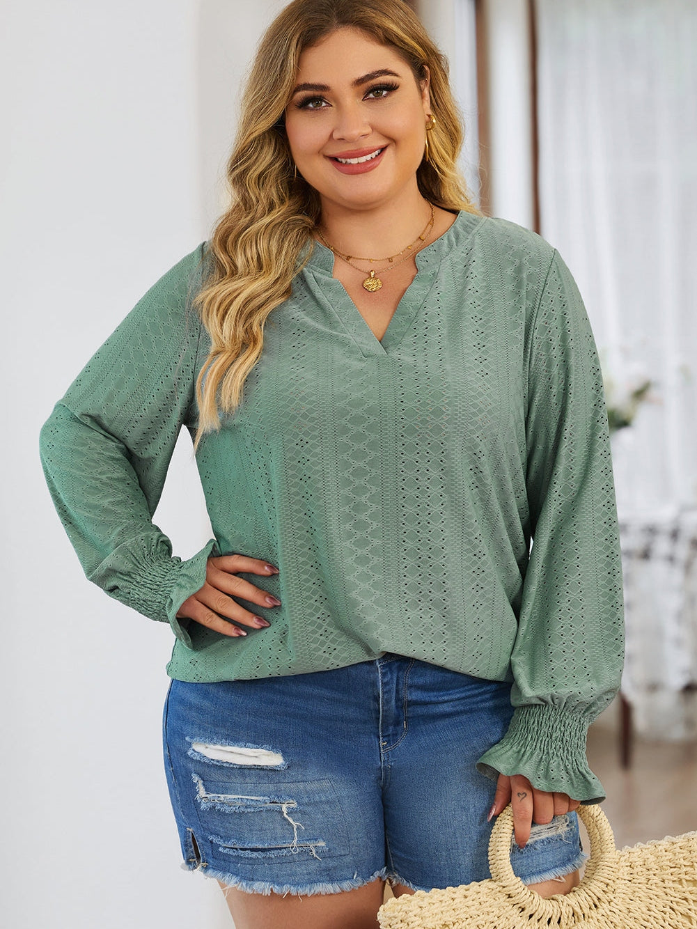 Green Eyelet Jacquard Split Neck Flounce Sleeve Plus Size Blouse