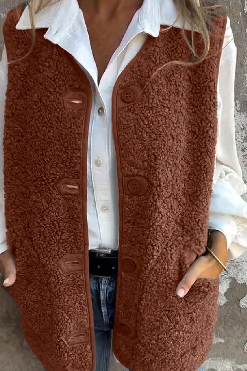 Cinnamon V Neck Button Front Plush Teddy Vest