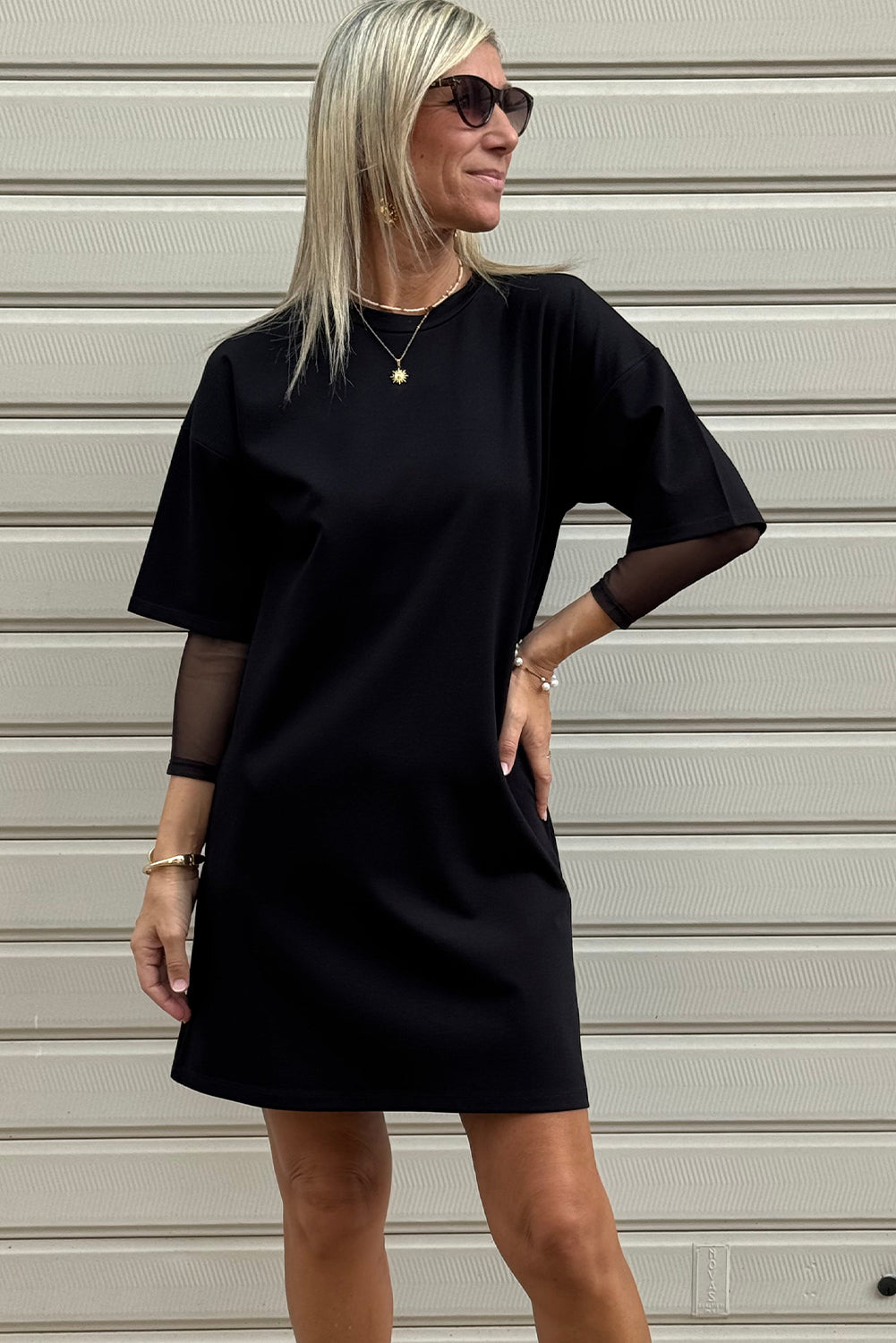 Black Mesh Long Sleeve Patchwork Shift Fit T Shirt Dress