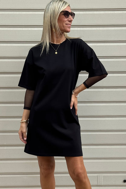 Black Mesh Long Sleeve Patchwork Shift Fit T Shirt Dress