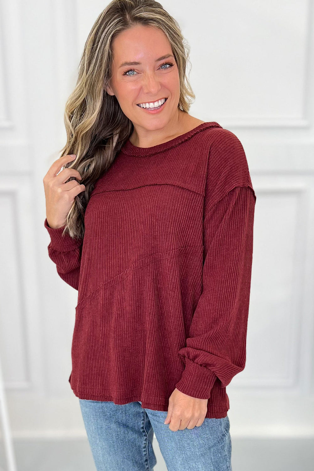 Burgundy Exposed Seam Detail Ribbed Long Sleeve Top