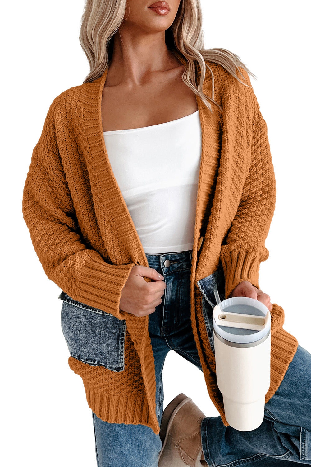 Chestnut Open Front Knitted Denim Pocket Patchwork Cardigan