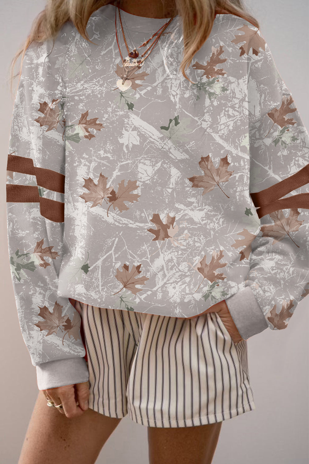 Gray Fall Leaf Printed Striped Detail Baggy Pullover Sweatshirt