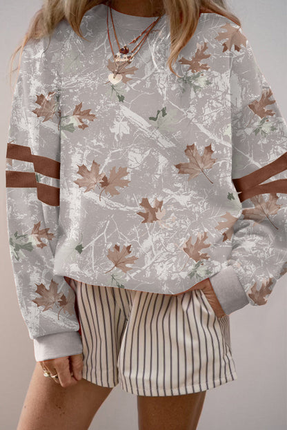 Gray Fall Leaf Printed Striped Detail Baggy Pullover Sweatshirt