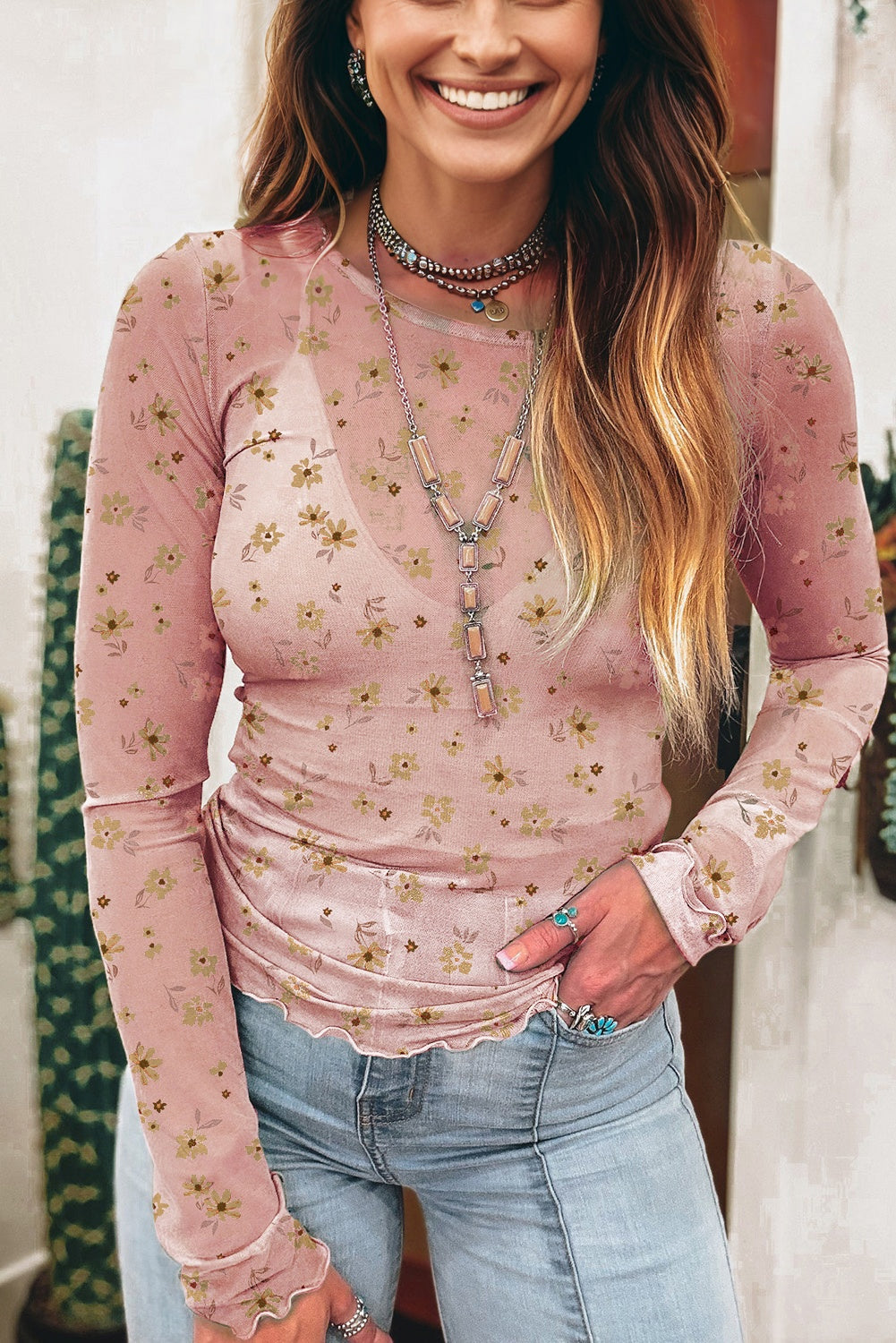 floral mesh long sleeve top