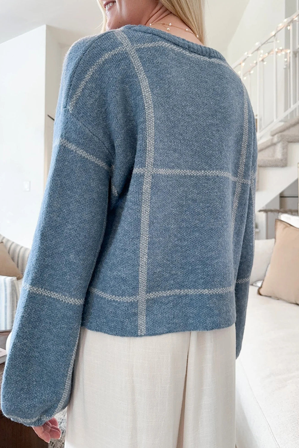 Dusk Blue Classic Plaid Drop Shoulder Loose Sweater