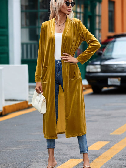 Golden Mustard Plush Open Front Pocketed Maxi Cardigan