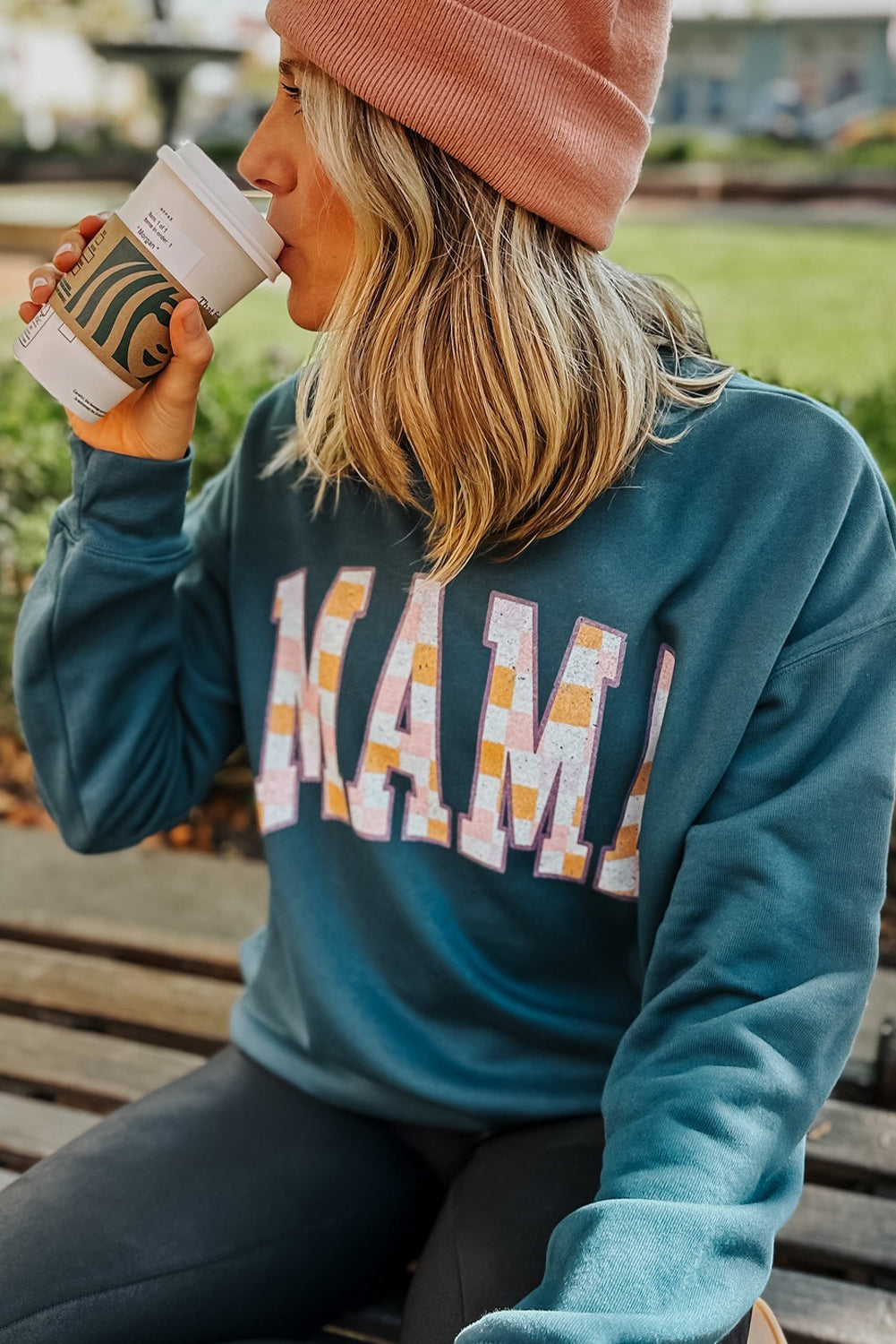 Blue Sapphire Checkered MAMA Graphic Drop Shoulder Crew Neck Sweatshirt