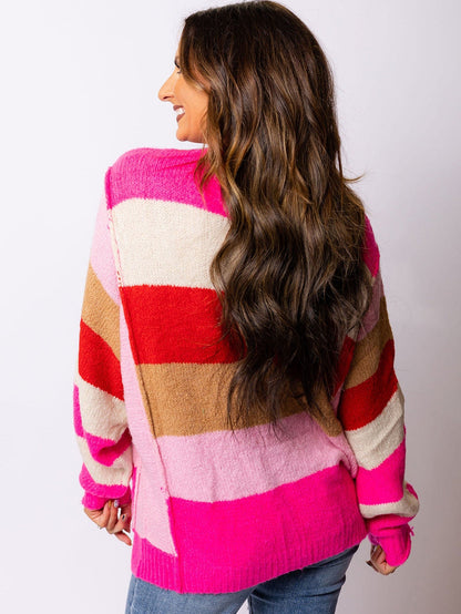 Fiery Red Mix Horizon Stripes Dolman Sleeve Pullover Sweater