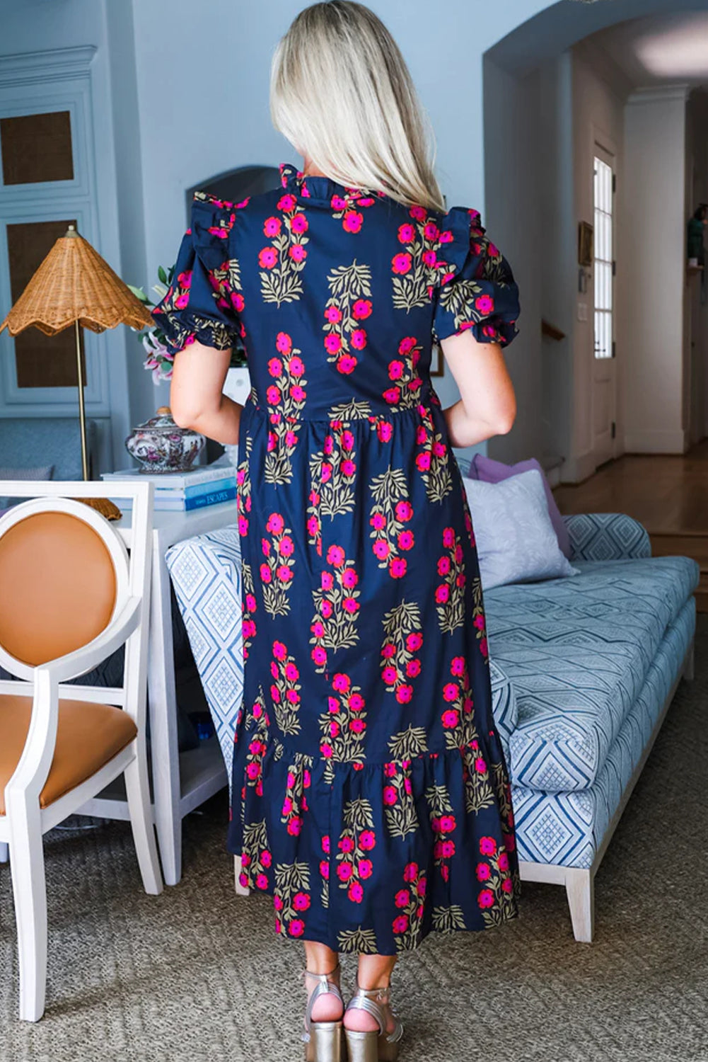 Beige Floral Short Bubble Sleeve Tiered Maxi Dress