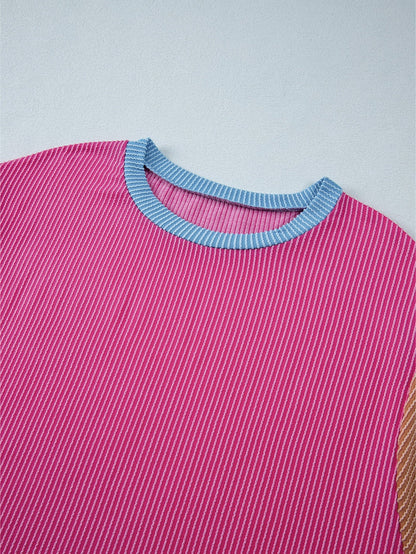 Vibrant Pink Patchwork Knit Lounge Set for Plus Size Women