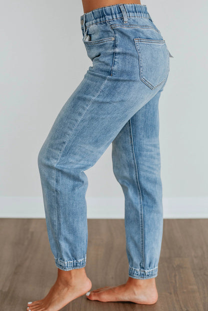 Beau Blue Button Zip Fly Elastic Waist Cuffed Casual Jeans