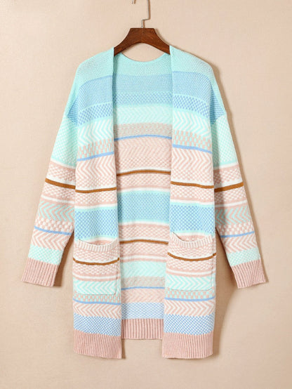 Elegant Multicolored Striped Knit Open-Front Sweater Coat