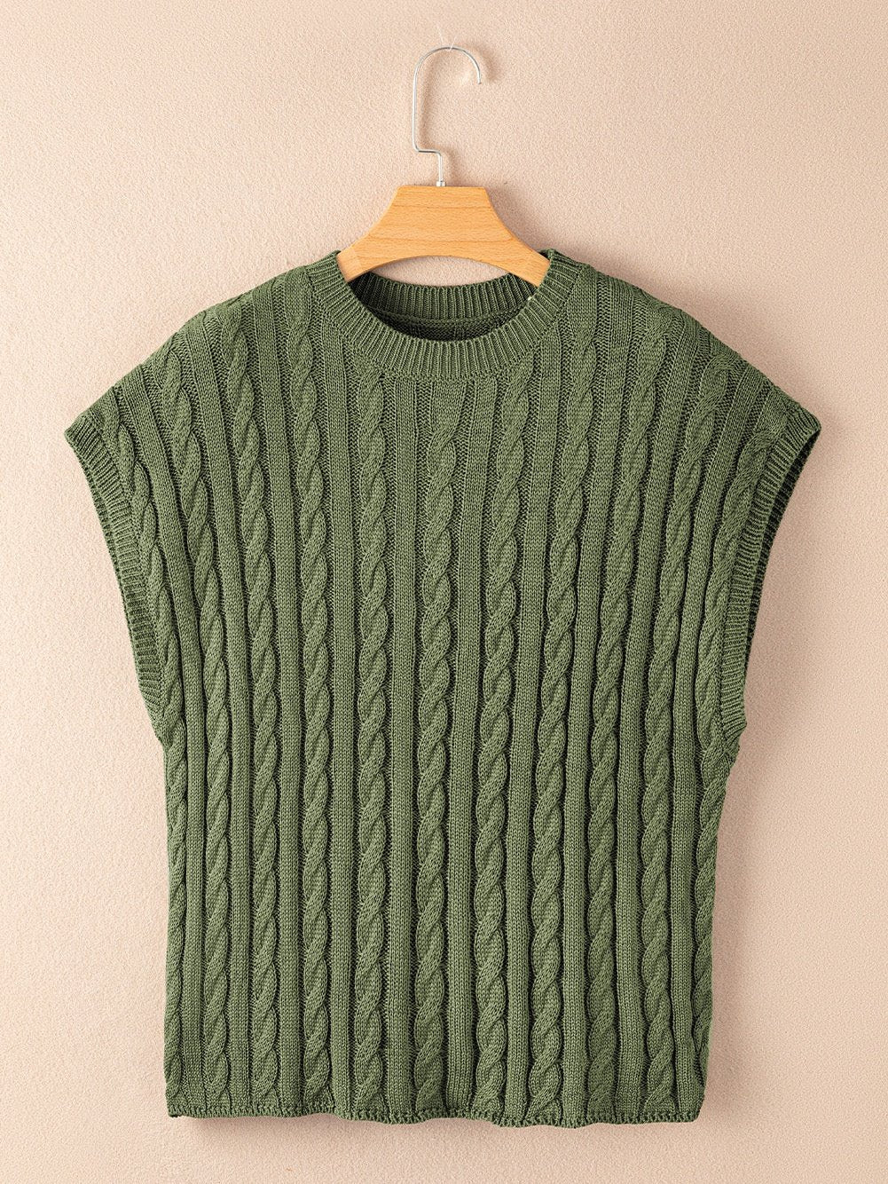 Green Jungle Cable Knit Short Sleeve Sweater with Crew Neck