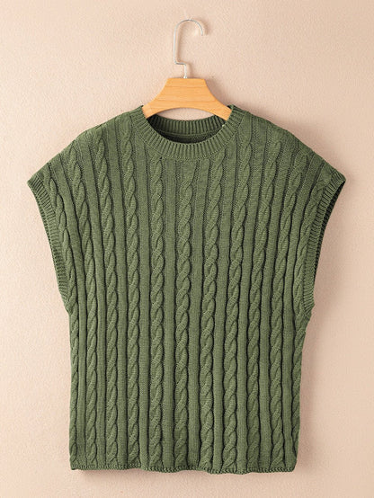 Green Jungle Cable Knit Short Sleeve Sweater with Crew Neck