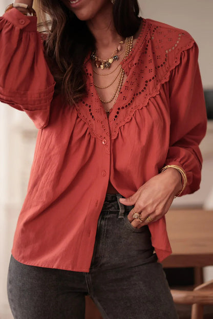 Tawny Eyelet Embroidered Patchwork Pintuck Long Sleeve Shirt