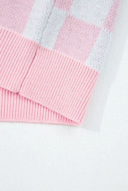 Pink Checkered Christmas Tree Pattern Button V Neck Cardigan Sweater