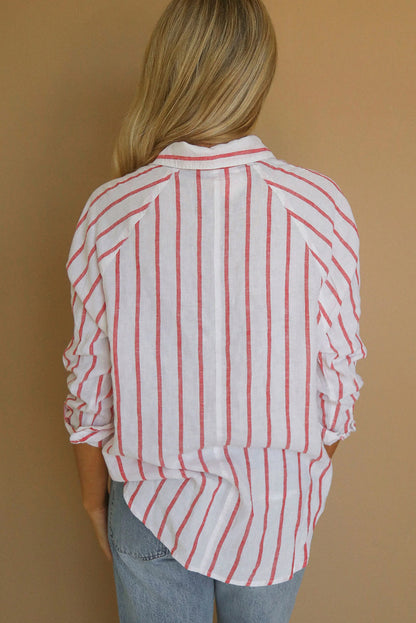 Red Stripe Vintage Print Single Chest Pocket Long Sleeve Shirt