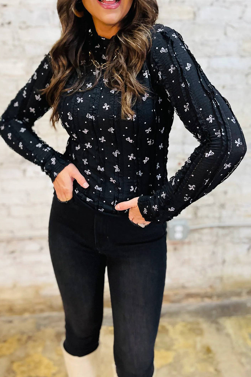 Black Bow Print Lace Detail Slim Long Sleeve Top