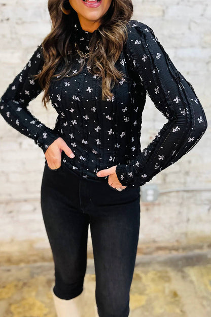 Black Bow Print Lace Detail Slim Long Sleeve Top