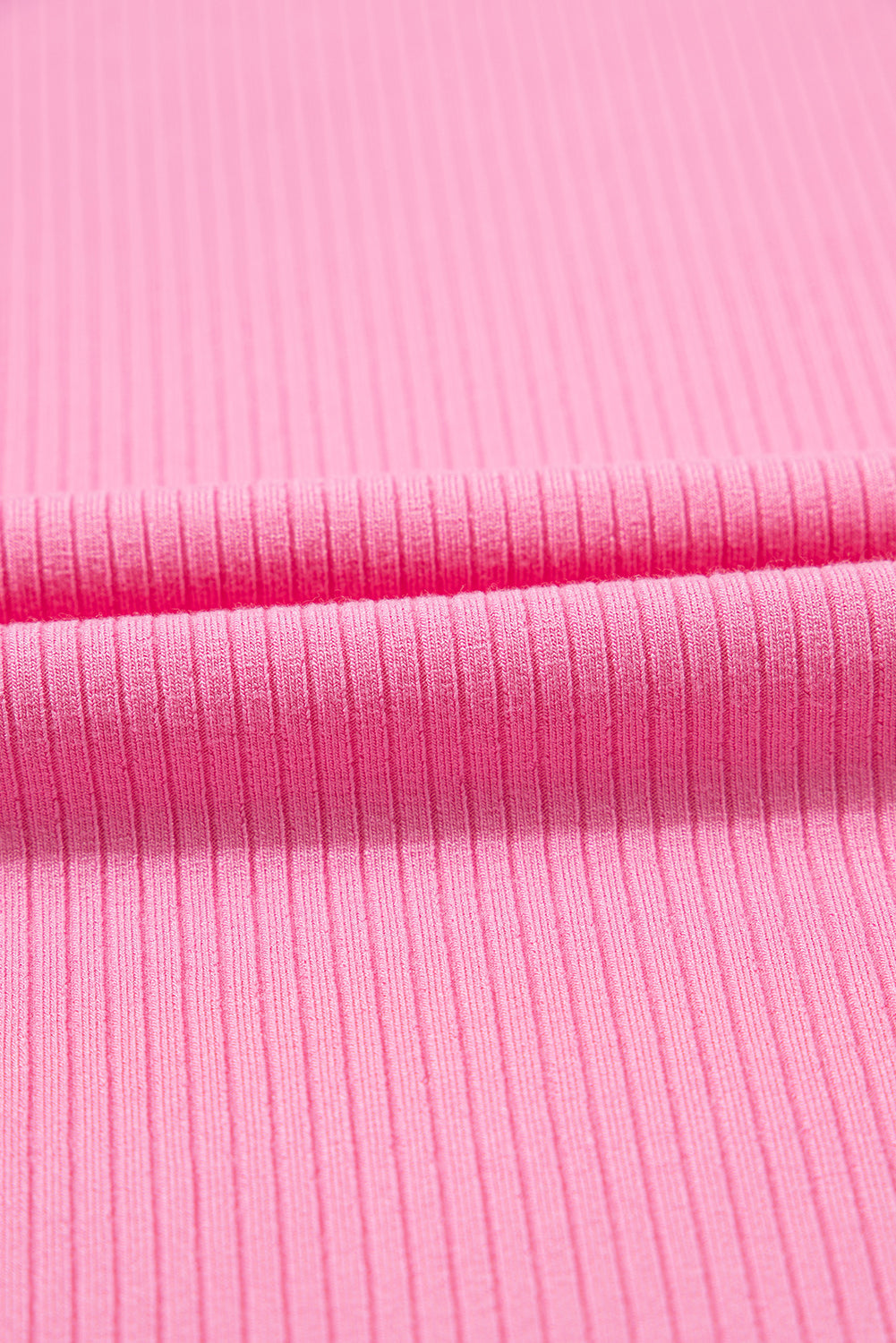 Strawberry Pink Ruffled Pleated Mesh Sleeve Ribbed Knit Slim Fit T Shirt