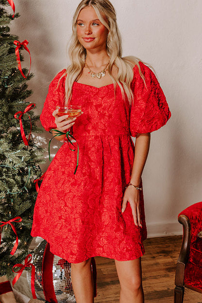Fiery Red Christmas Fashion Short Puff Sleeve Jacquard Mini Dress