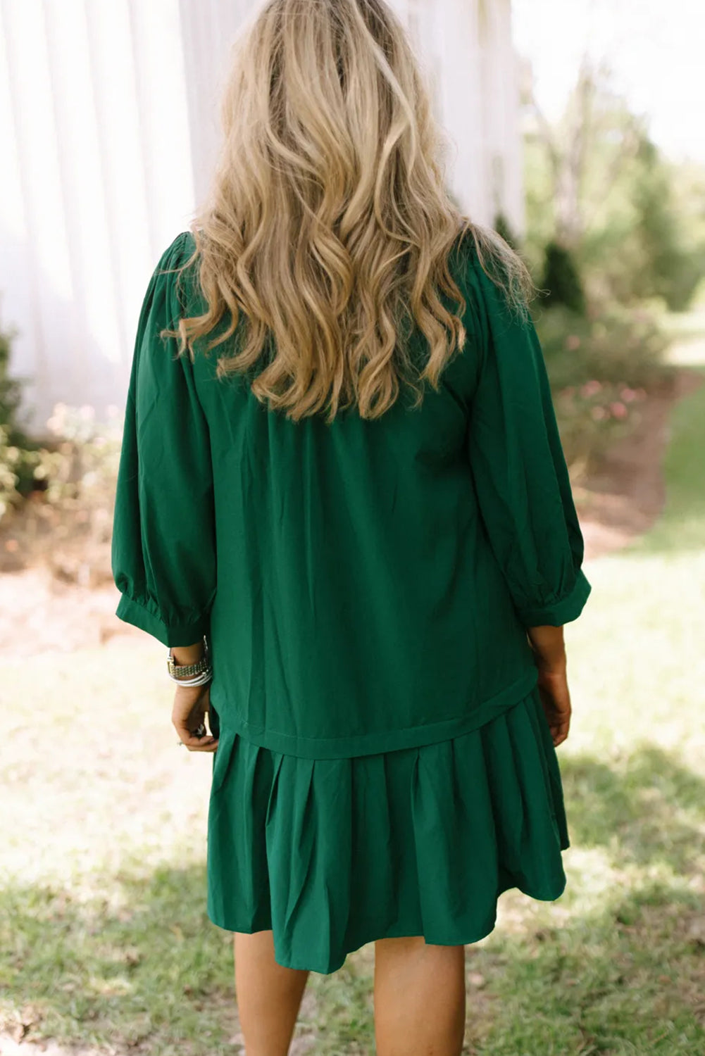 Evergreen Frilled Half Button Neck 3/4 Sleeve Ruffle Hem Mini Dress