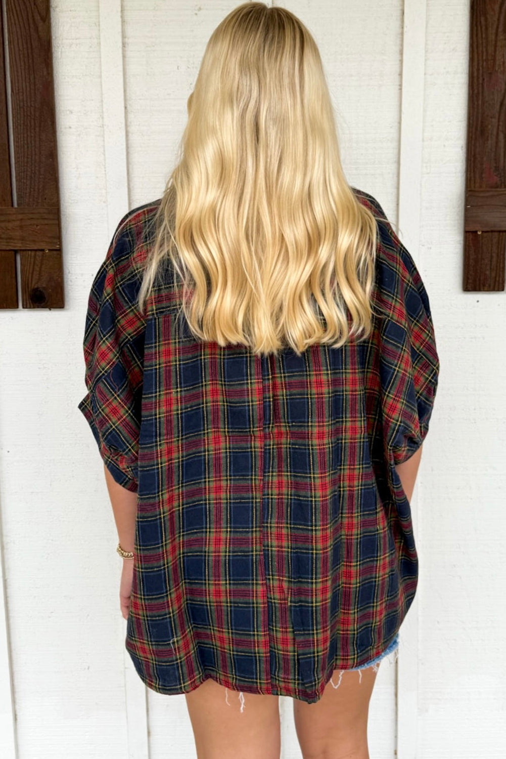 Sail Blue Retro Plaid Half Sleeve Loose Shirt