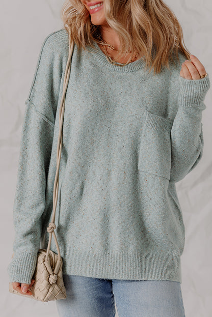 Smoke Green Confetti Knit Ribbed Trim Drop Shoulder Baggy Sweater