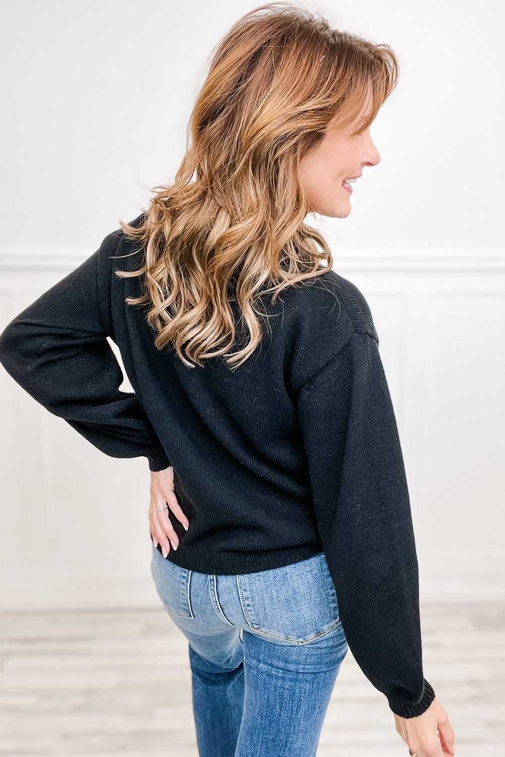 Black Sequin Ribbon Bow Embroidered Casual Sweater