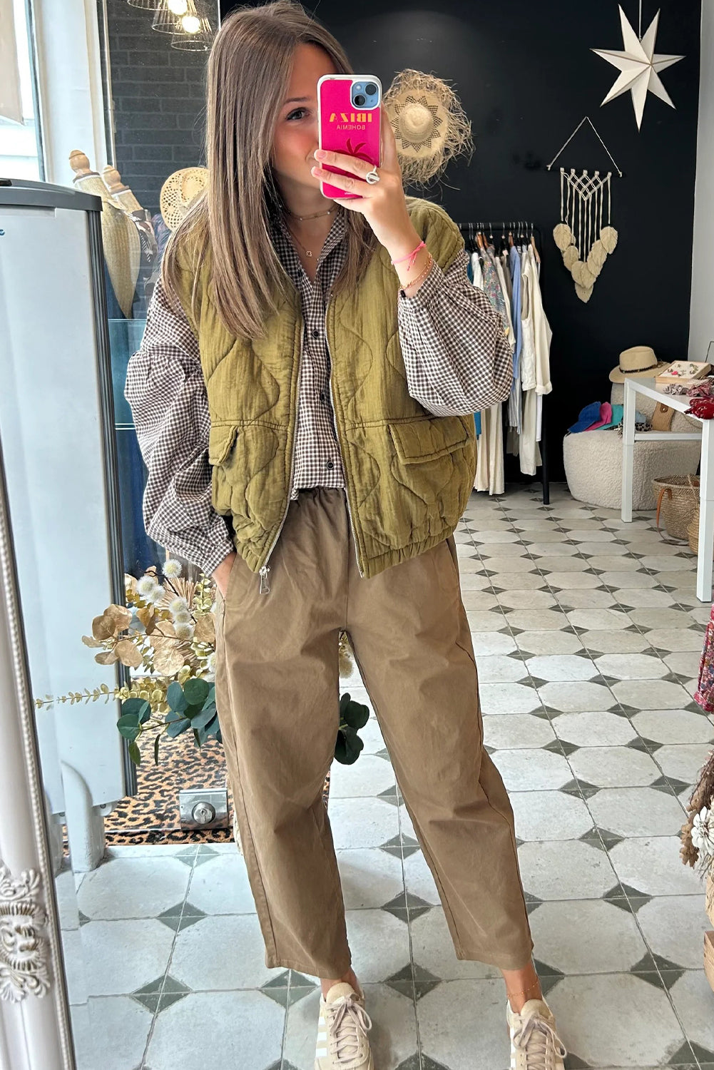 Sage Green Playful Quilted Zip Up Elastic Hem Vest