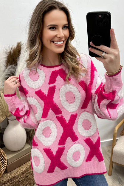 Pink XOXO Pattern Drop Shoulder Crewneck Valentines Sweater