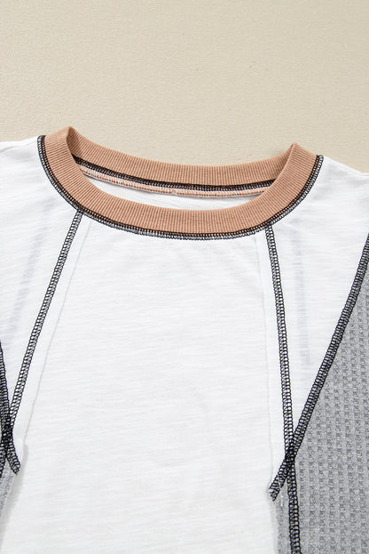 White Contrast Block Mixed Textured Knit Patchwork Casual Top