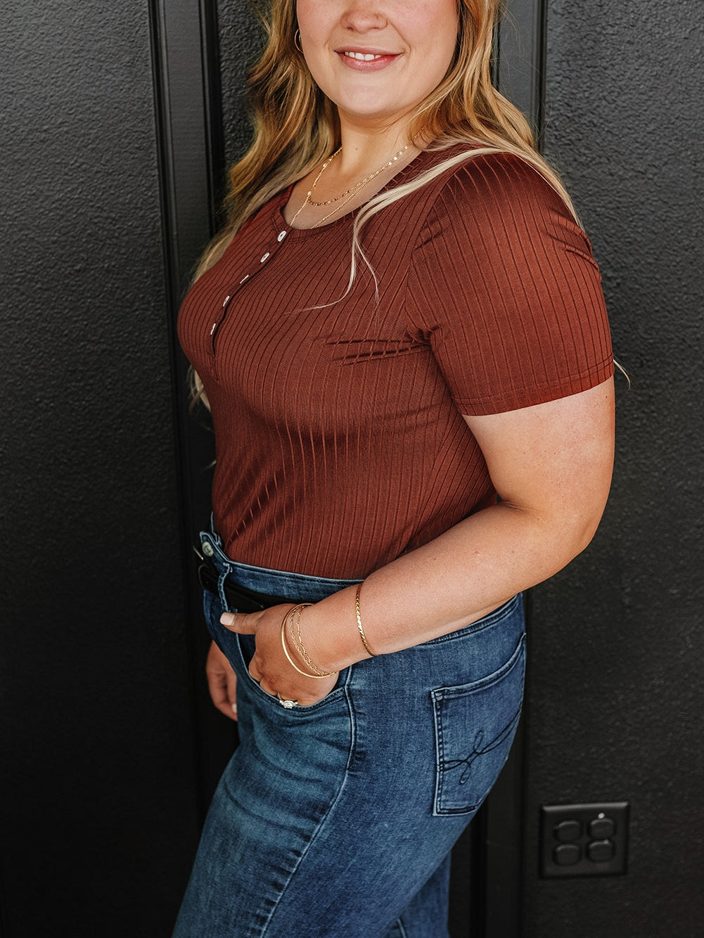Chestnut Plus Size Ribbed Knit Henley Tee