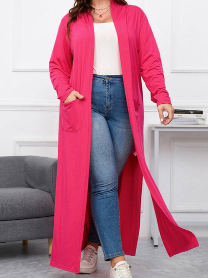 Strawberry Pink Plus Size Side Split Pockets Duster Cardigan