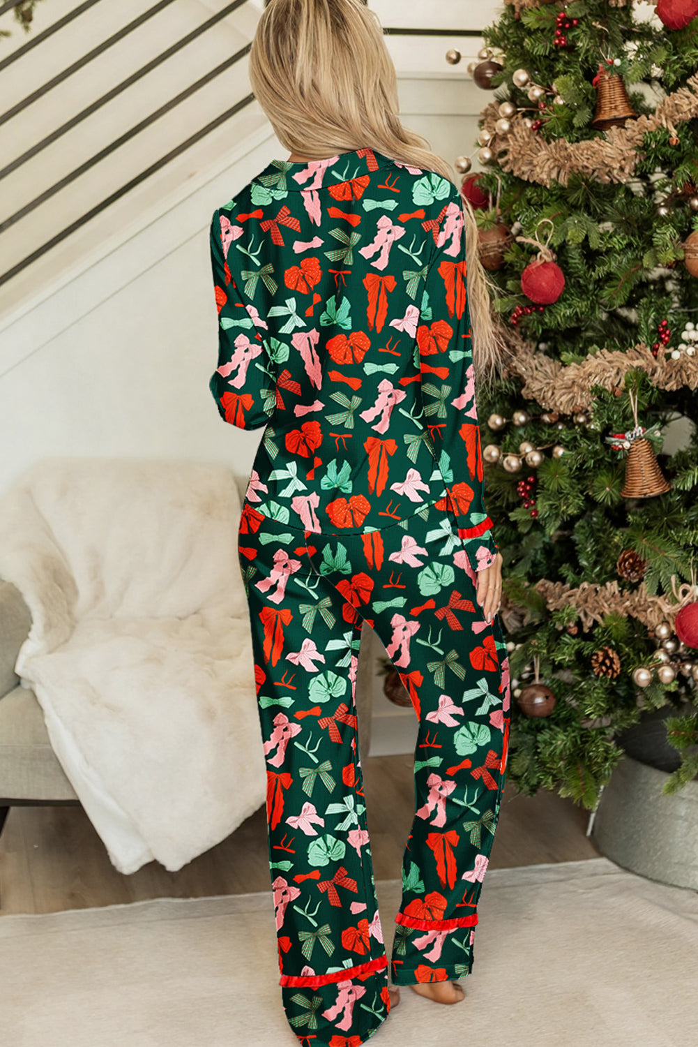 Green Festive Bow Print Contrast Ruffle Trim Shirt Style 2pcs Pajama Pant Set