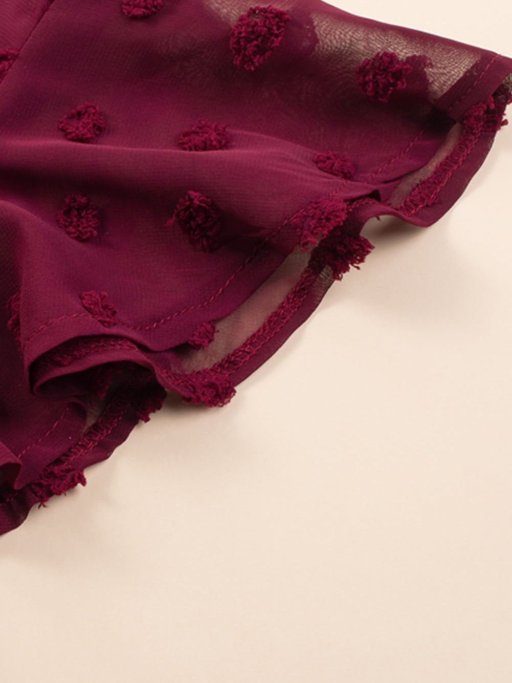 Swiss Dot Burgundy Plus Size V-Neck Mini Dress with Ruffled Sleeves