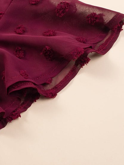 Swiss Dot Burgundy Plus Size V-Neck Mini Dress with Ruffled Sleeves