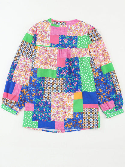 Floral Patchwork Print Button-Up Blouse