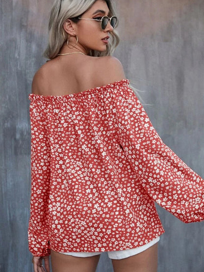 Floral Fire Red Off-Shoulder Blouse with Lantern Sleeves