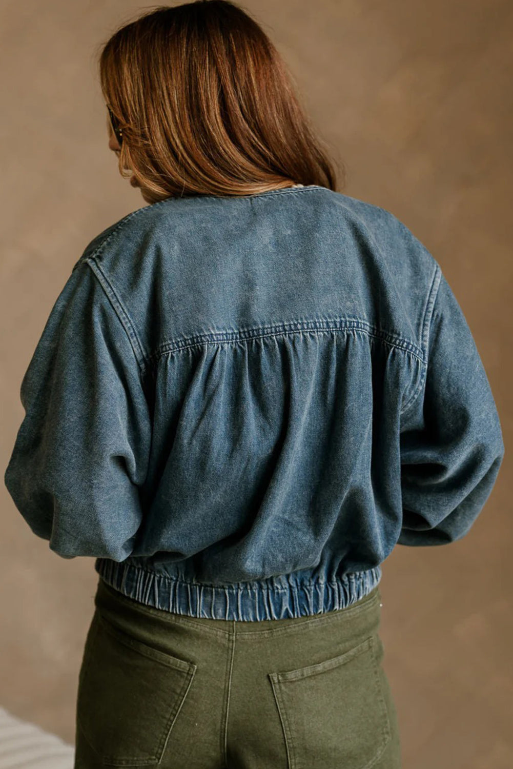 Real Teal Pleated Seam Detail Round Neck Zip Up Denim Jacket
