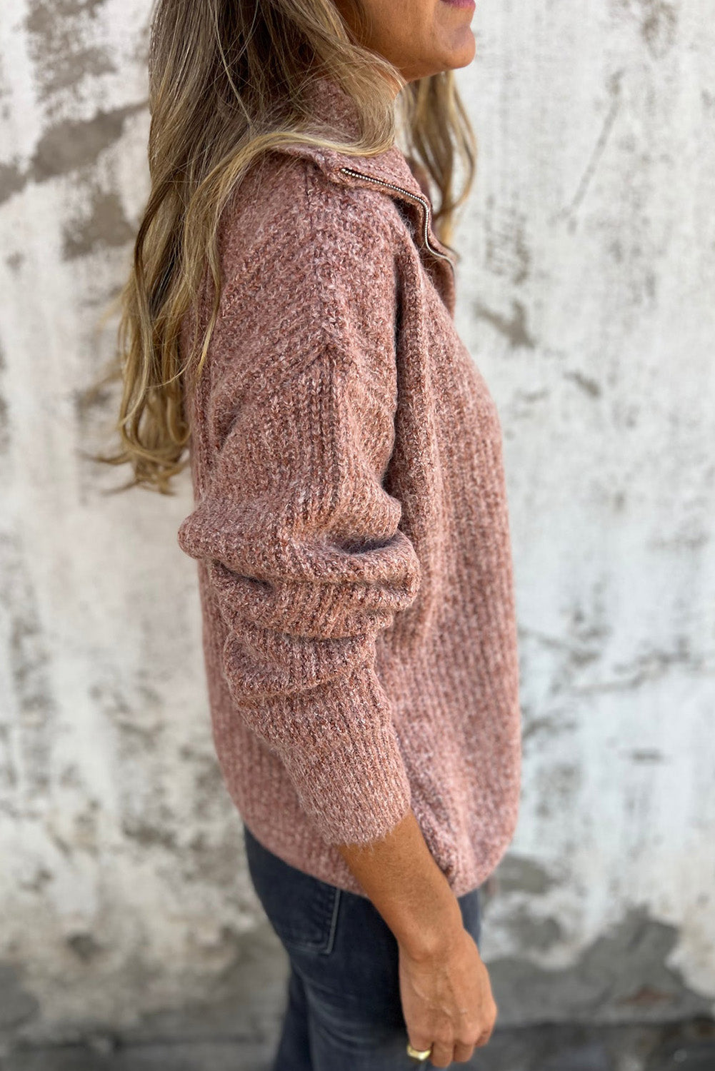 Rose Tan Half Zipped Collar Drawstring Hem Casual Sweater