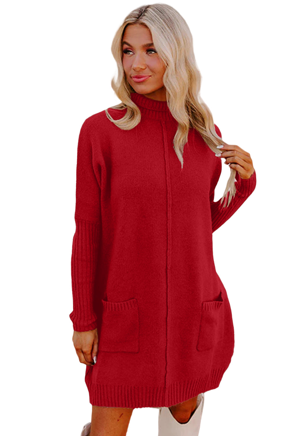 Fiery Red Ribbed High Neck Front Pockets Center Seam Shift Sweater Dress