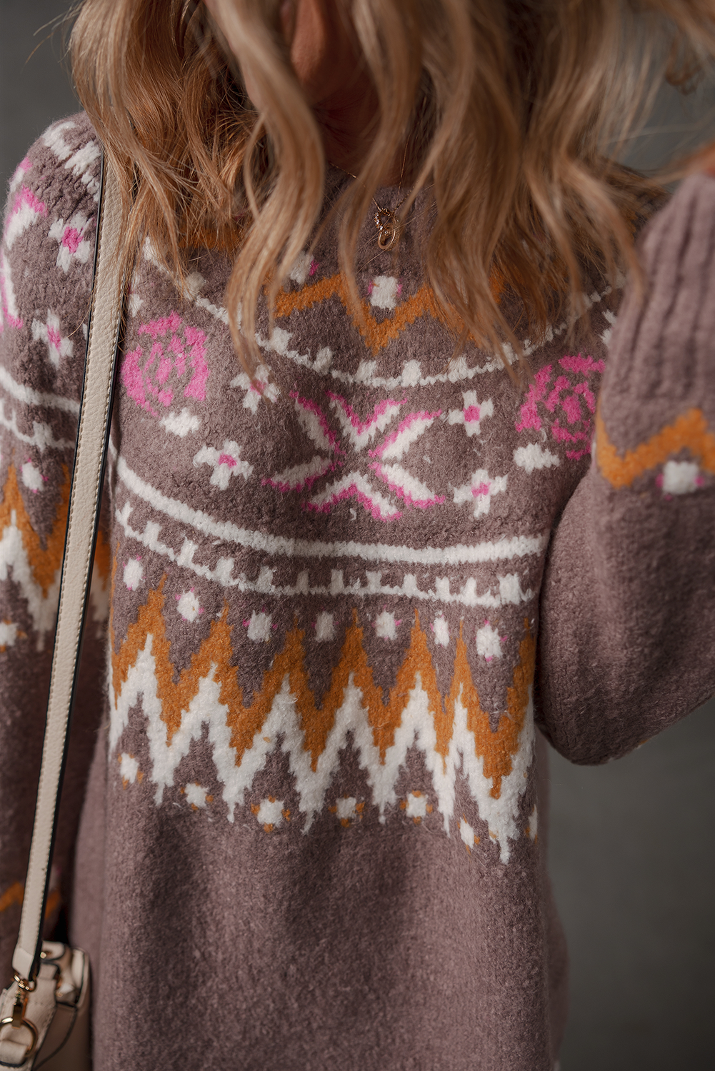 Brown Tribal Pattern Knitted Ribbed Edge Crew Neck Sweater Dress