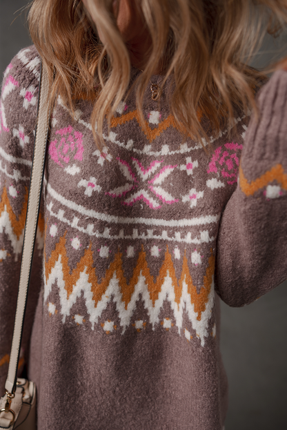 Brown Tribal Pattern Knitted Ribbed Edge Crew Neck Sweater Dress