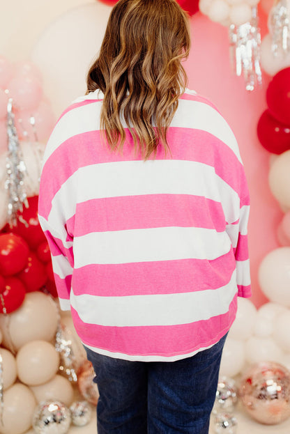 Pink Stripe Plus Size Solid Collar Patchwork Drop Shoulder Loose Top