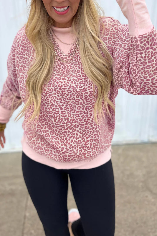 Pink Leopard Print Color Block Patchwork Drop Shoulder Sweatshirt