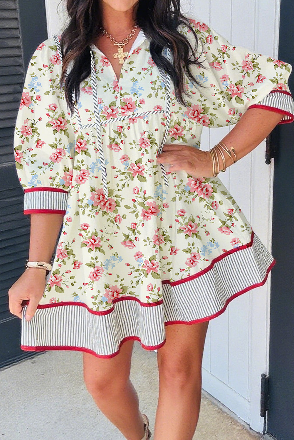 Apricot Striped Edge 3/4 Puff Sleeve Floral Dress