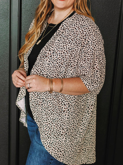 Leopard Print Khaki Plus Size Open Front Cardigan with Half Sleeves